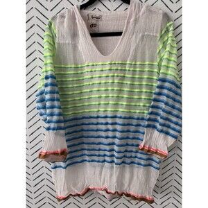 LEMLEM Striped V-Neck Gauze Hoodie Tunic Multicolor Cotton Size Medium